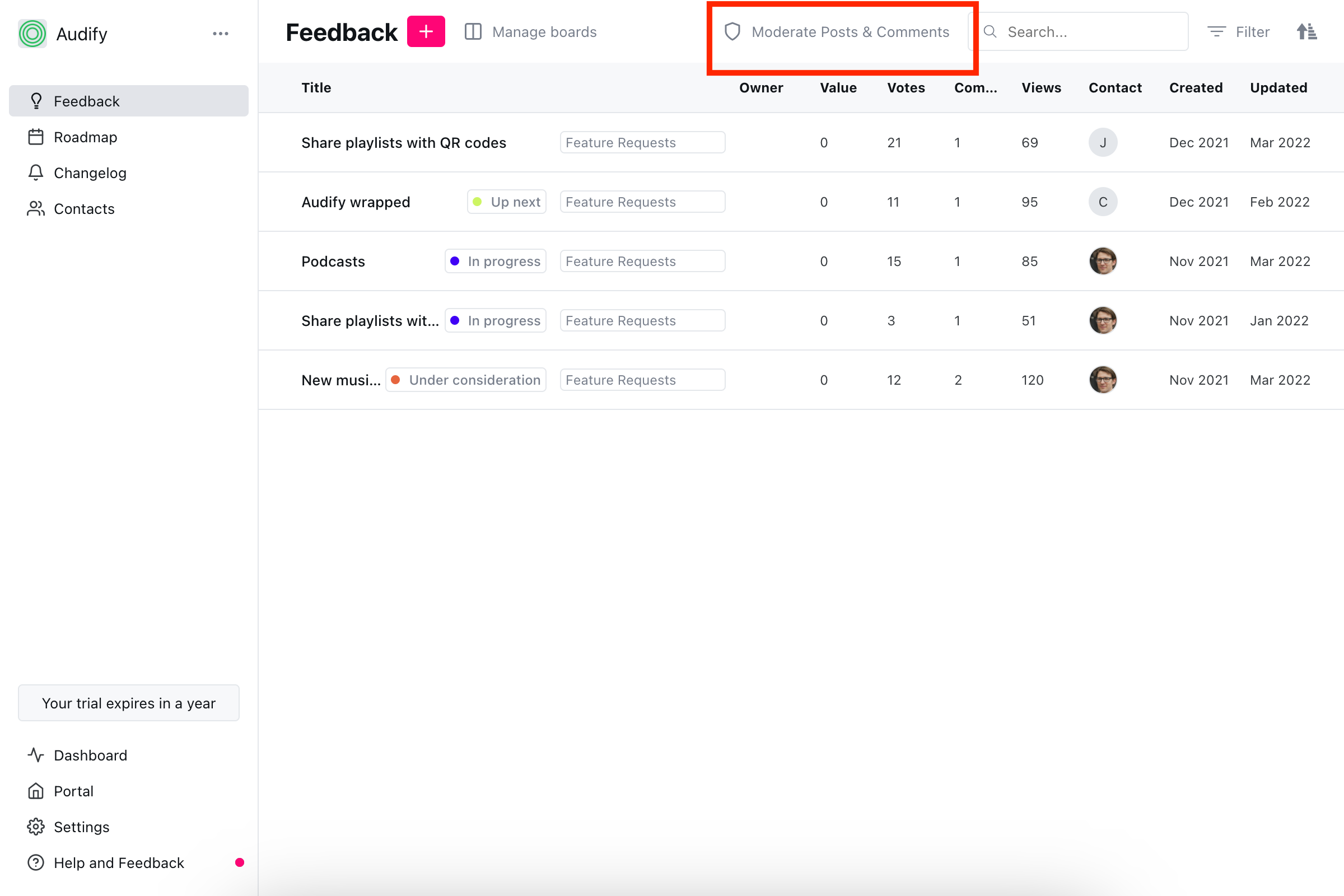 Moderation queue listing posts and comments awaiting approval