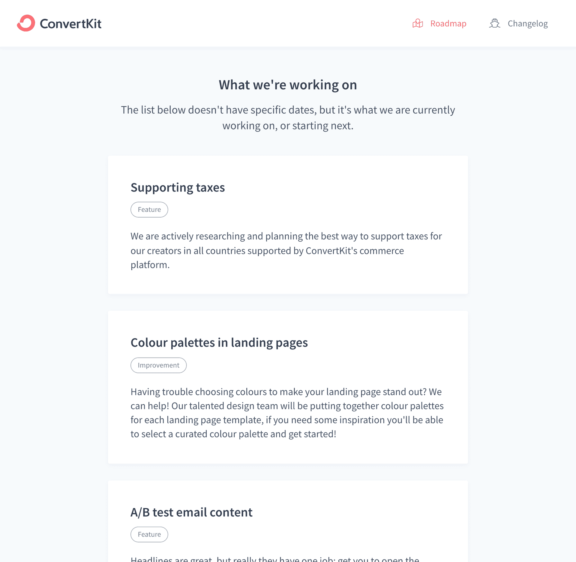 A screenshot of the ConvertKit public roadmap