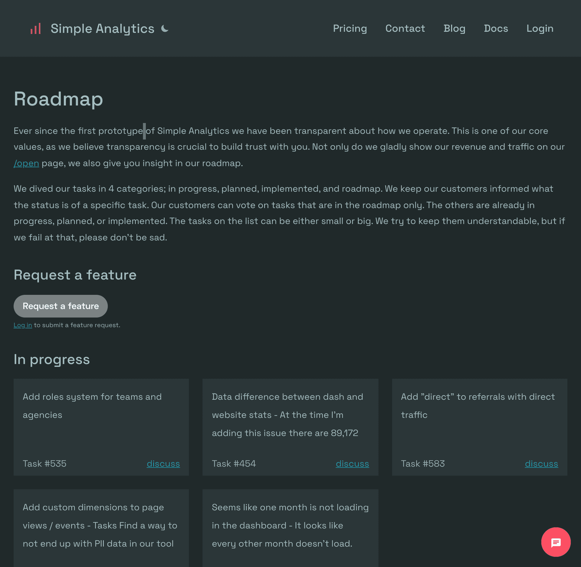 A screenshot of the SimpleAnalytics public roadmap